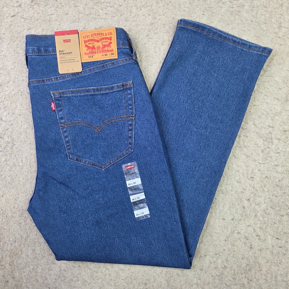 NEW Levi's 514 Straight Jeans Mens 36x30 Blue Dark Wash Stretch Denim Workwear